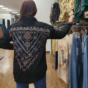 Corduroy Long Sleeve Top with Embroidery Detail - Black